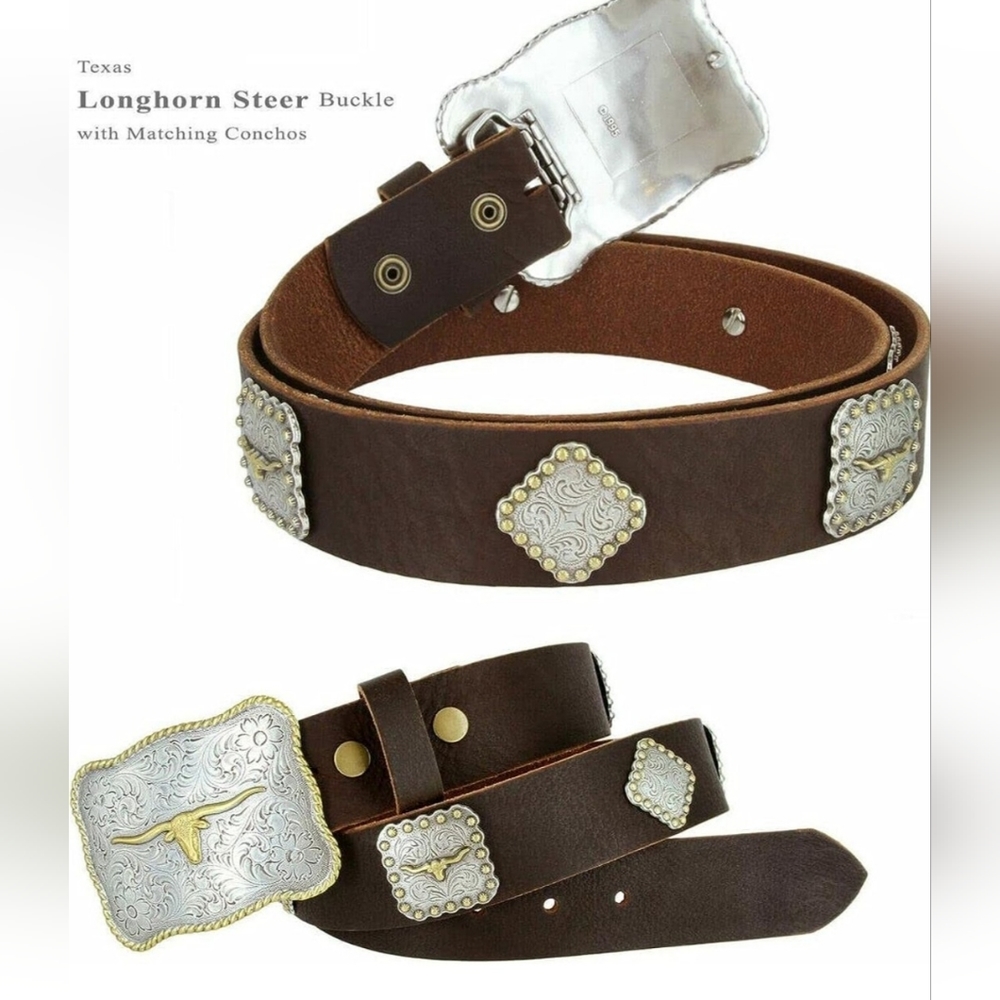 Leather longhorn steer belt buckle and concho belt. PLEASE MESSAGE ME WITH COLO…